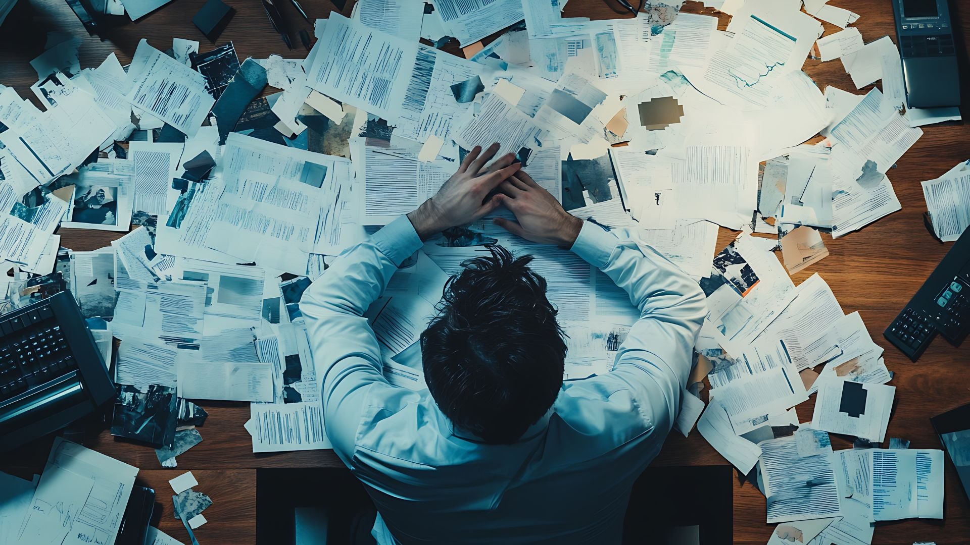 Overwhelmed person surrounded by scattered documents and papers on desk